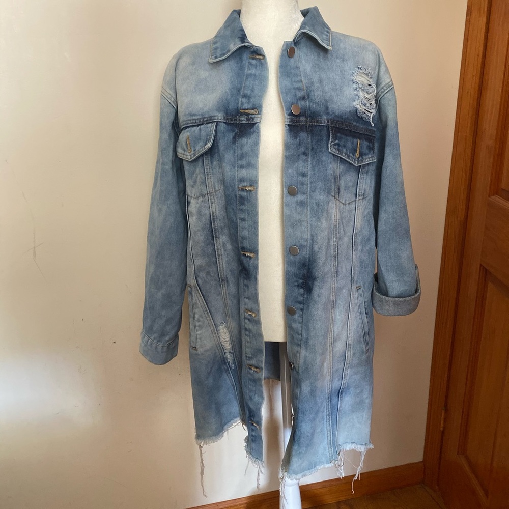 Acid wash longline distressed denim jacket